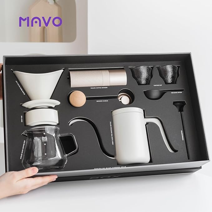 Pour Over Coffee Maker Set, 12 in 1 Set Box, Manual Coffee Grinder, Ceramic Pour Over Coffee Dripper with Tray, Pour Over Kettle, Glass Servers, Paper Filter, Coffee Cup, White