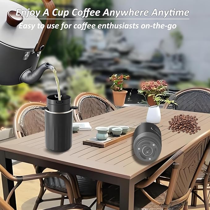 Portable All-in-one Electric Burr Coffee Grinder and Brewing Kit, Rechargeable with Conical Mill & Insulated Stainless Steel Cup, for Camping, Travel, Office, Home Use (Black)