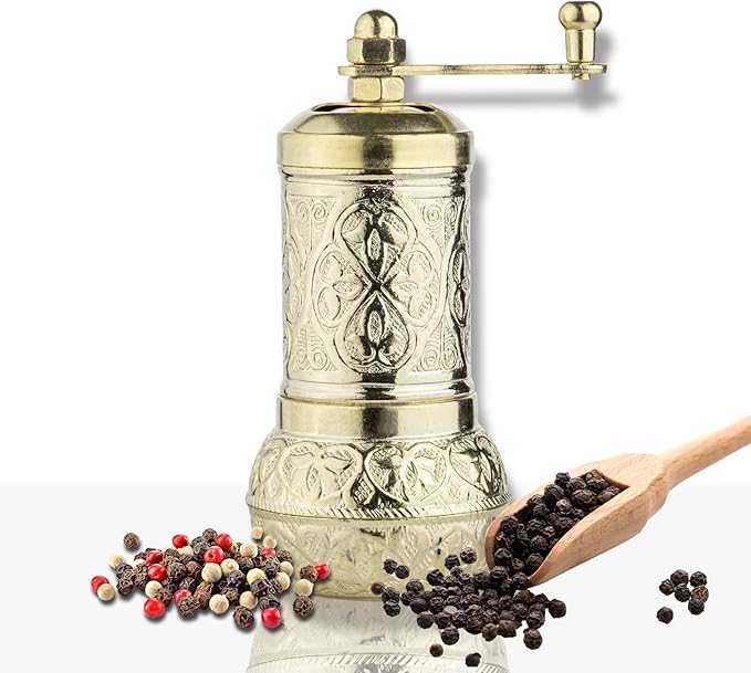 Handmade Decorative Black Pepper Grinder, Refillable Turkish Spice Mill Manual Pepper Mill with Handle, Spice Grinder Metal with Hand Crank 11 cm-4.3 inch