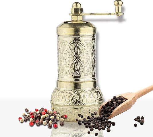 Handmade Decorative Black Pepper Grinder, Refillable Turkish Spice Mill Manual Pepper Mill with Handle, Spice Grinder Metal with Hand Crank 11 cm-4.3 inch