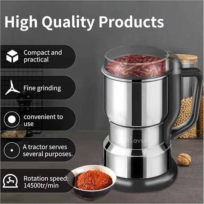 Lalayuan Electric Coffee Grinder, Stainless Steel, One-Button Operation, Spice and Coffee Bean Grinder