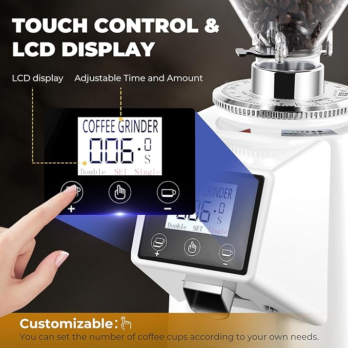 Coffee Grinder with Flat Burr, 19 Grind Settings and Digital Timer Display, Commercial Coffee Grinder with Large 35oz Hopper