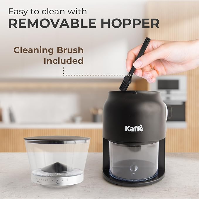 Kaffe Electric Burr Coffee Grinder (5.5oz) - Conical Burr - 25 Adjustable Coarseness Levels - Matte Black - Cleaning Brush Included