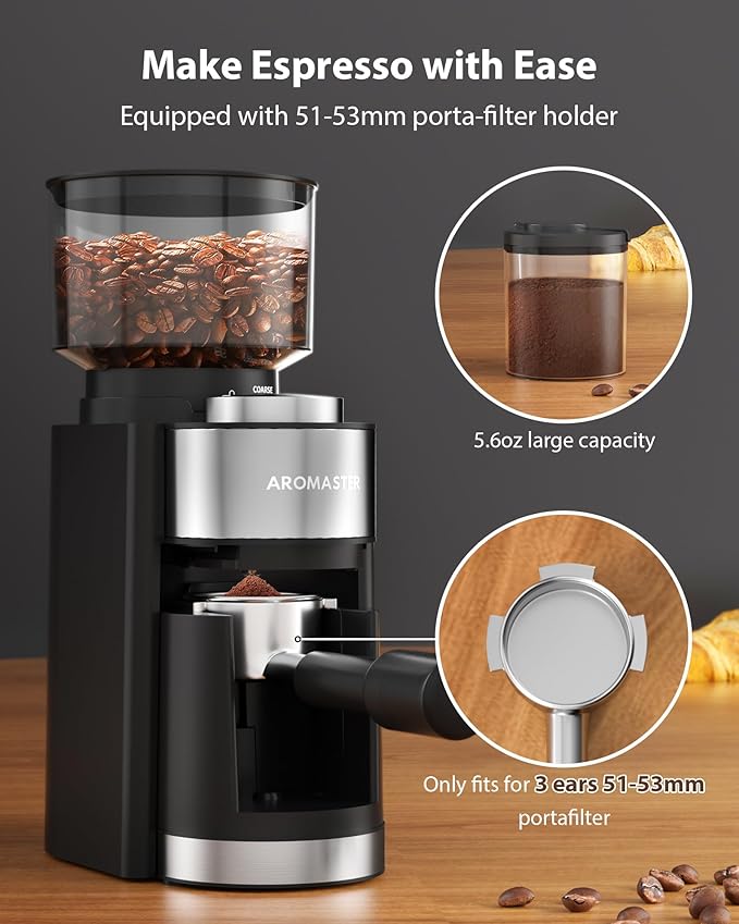 Aromaster Coffee Grinder, Coffee Bean Grinder with 25 Grind Setting, 2-12 Cups Timer, Conical Coffee Grinders for Home Use, Cleaning Brush, 3-Ears Portafilter Holder