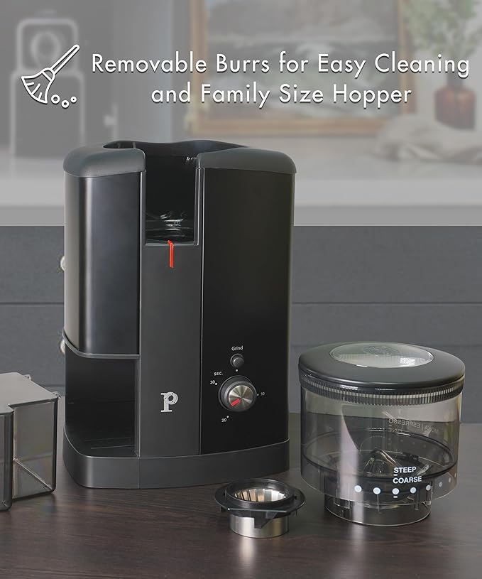 PALICO Aroma Coffee Grinder - 48mm Stainless Steel Conical Burrs, 17 micro-adjustable grind settings, 250g Bean Hopper Capacity, removable burrs & hopper, low RPM motor (Matt Black)