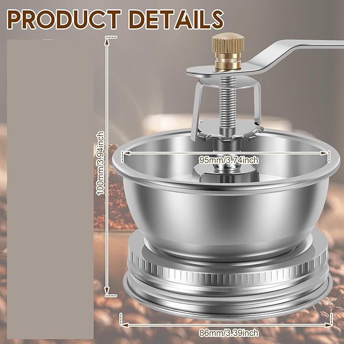 Mason Jar Coffee Grinder with Crank Handle, Manual Coffee Grinder Lid Attachment for Wide Mouth Mason Jars, Hand Coffee Bean Grinder, Stainless Steel Crank Burr Grinder (86mm)