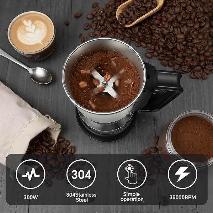 Electric Coffee Bean Grinder, 300W Motor, 8-Blade Stainless Steel, 14oz/250g Capacity, for Spices Grains Nuts, with Hand Wash Bowl, electric blade coffee grinders