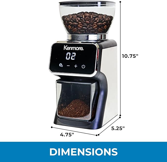 Kenmore Conical Burr Coffee Grinder - Electric Maquina de Moler Café for Espresso, French Press, Drip, Adjustable Grind Size, Bean Mill, Digital Control, Spice Grinding, Home Use