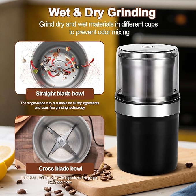 Spice Grinder, 200W Powerful Electric Coffee Bean Grinder with 2 Removable Stainless Steel Bowls, 100g Capacity Large Capacity for Coffee Bean Spices and Seeds