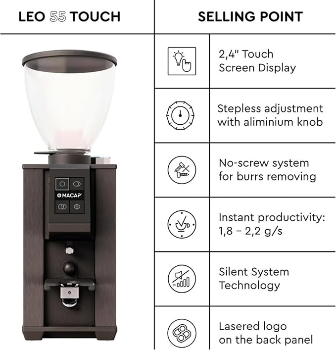 LEO 55 Touch Burr Coffee Grinder, White – 55mm Flat Burrs, Compact & Quiet, Stepless Micrometric Adjustment, Precision Grinding, Home Espresso Machine Compatible, Touch Screen