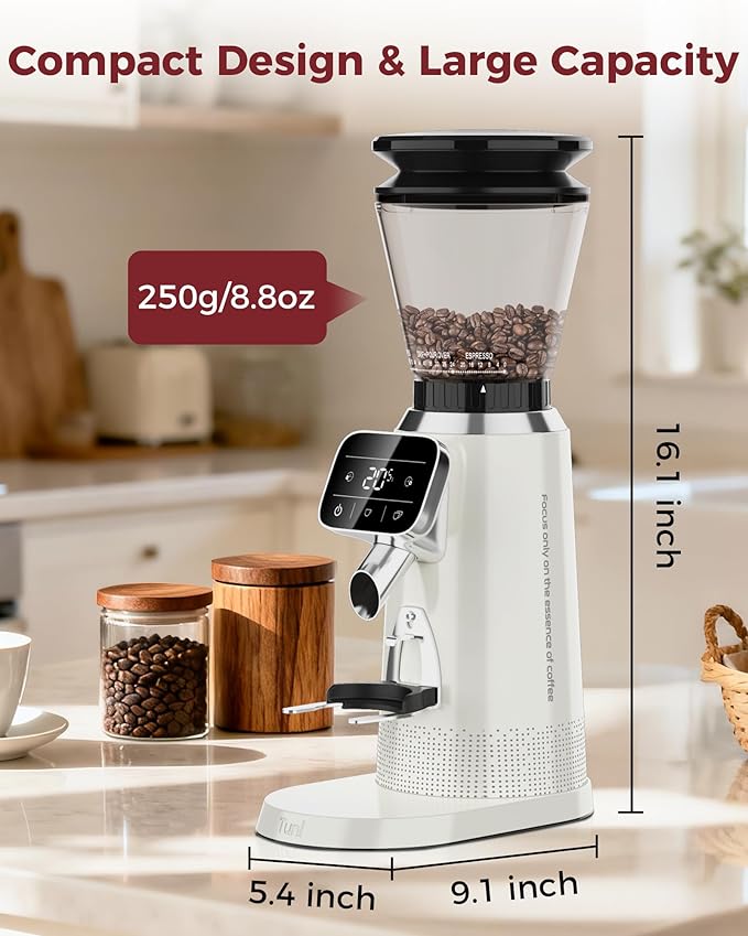 Tuni G2 Ivory Conical Burr Coffee Grinder with Black Digital Coffee Scale, 70 Grind Settings Anti-static Coffee Bean Grinder for Espresso/Drip/Cold Brew/French Press