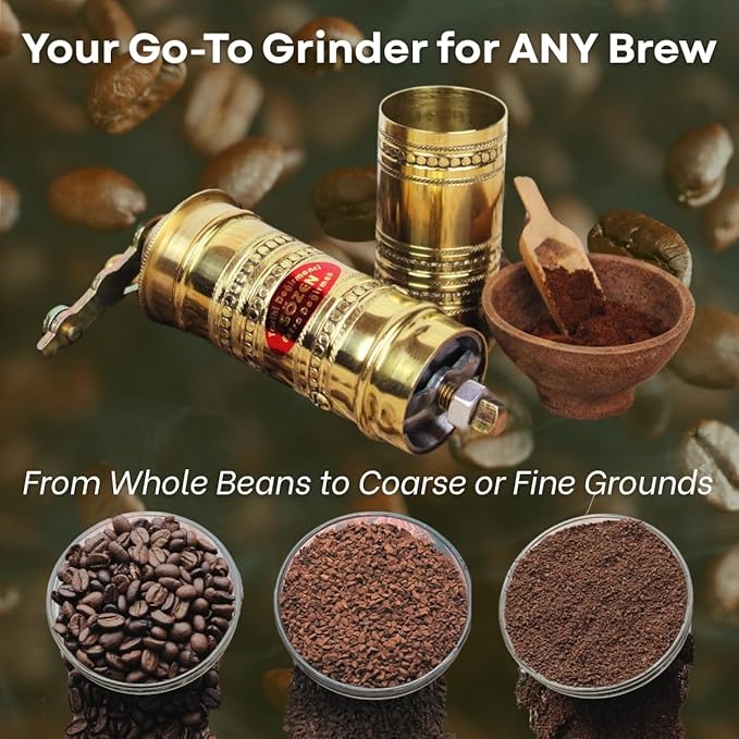 Sozen Hammered 7" Manual Coffee Grinder Brass – Hand Crank Burr Mill for Turkish Coffee, French Press, Espresso, Camping & Home Use – Portable Coffee Bean Grinder, Adjustable Conical Grinder