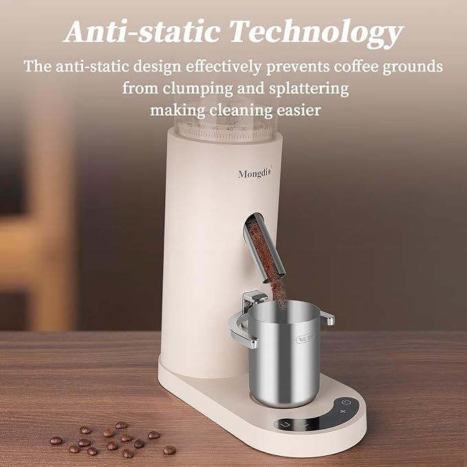 Mongdio Electric Burr Coffee Grinder, Single Dose Burr Coffee Grinder, With 60-Step Grind Settings and 2600mAh Battery, For Drip, French Press, Espresso Moka Pots, White