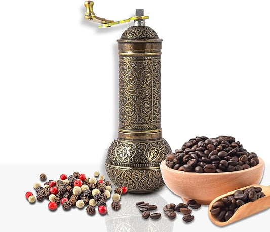 Decorative Handmade Coffee Grinder, Refillable Turkish Spice Mill, Manual Coffee Mill with Handle, Coffee Grinder Metal with Hand Crank 18 cm-7.1 inch (Antique)