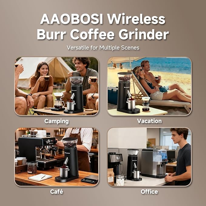 AAOBOSI Coffee Grinder, Cordless Coffee Bean Grinder with 60 Grind Settings,Conical Burr Coffee Grinder Suitable for Indoor Home,Office & Outdoor Camping,Travel Use,Anti-Static,5-98s Timer.