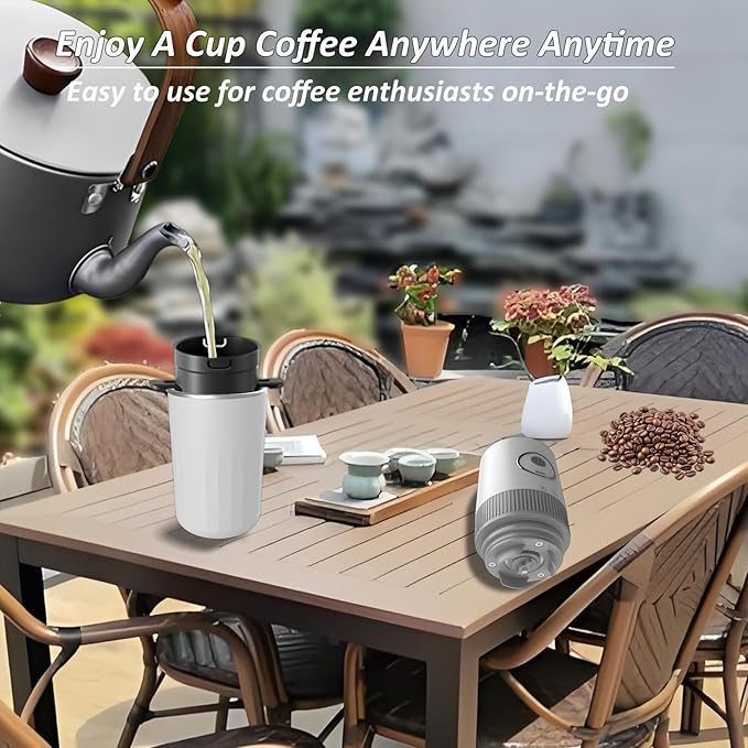 Portable All-in-one Electric Burr Coffee Grinder and Brewing Kit, Rechargeable with Conical Mill & Insulated Stainless Steel Cup, for Camping, Travel, Office, Home Use (White)