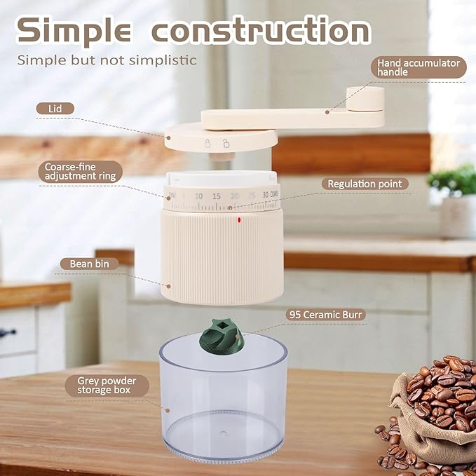 Manual Coffee Grinder - 95 Ceramic Burr, Adjustable Coarse to Fine, 30g Beans & 80ml Powder, Detachable Handle for Espresso, French Press, Camping (Pink)