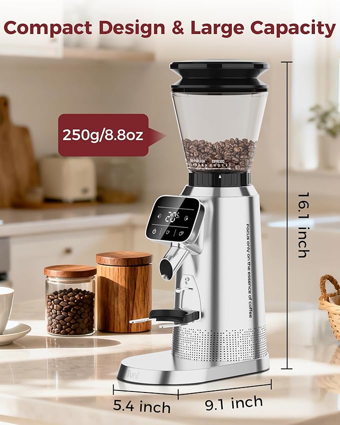 Tuni G2 Silver Conical Burr Coffee Grinder with White Digital Coffee Scale, 70 Grind Settings Anti-static Burr Mill for Espresso/Drip/Cold Brew/French Press