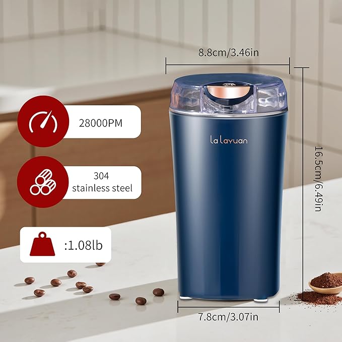 Electric Coffee Grinder, 200W, Stainless Steel Cutter Head, Portable, Household Spice Grinder, 28,000 RPM, Can Make 12 Cups of Coffee At A Time, Suitable for Office Camping (Blue)