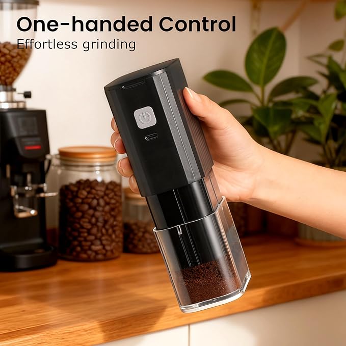 VEVOK CHEF Portable Electric Coffee Grinder,Adjustable Stainless Steel Burr Coffee Bean Mill,One-Button Grinder with USB Rechargeable,Auto‑Stop for Espresso to French Press,for Outdoor Use(Black)
