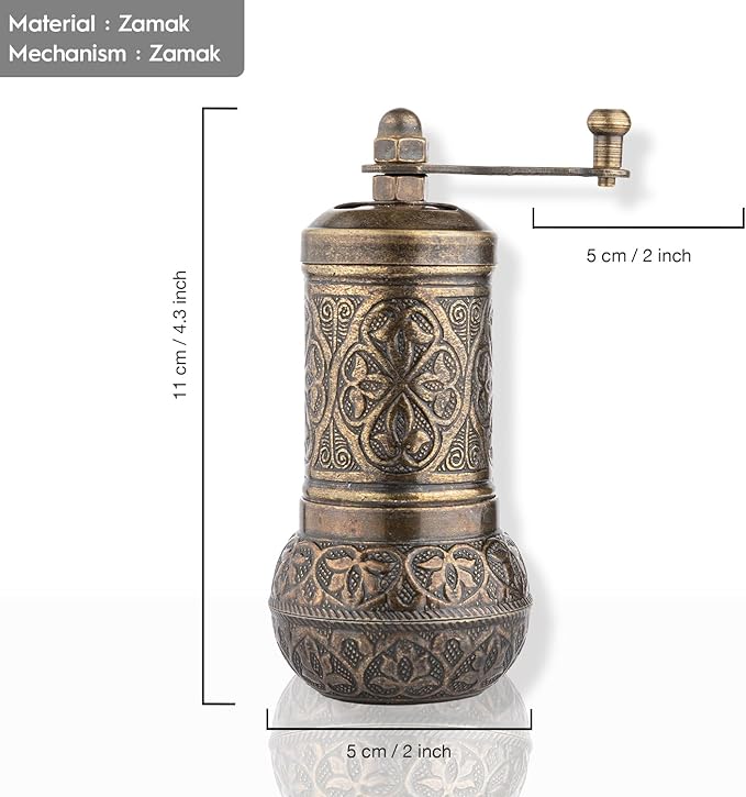 Handmade Decorative Black Pepper Grinder, Refillable Turkish Spice Mill Manual Pepper Mill with Handle, Spice Grinder Metal with Hand Crank 11 cm-4.3 inch (Mat Gold)