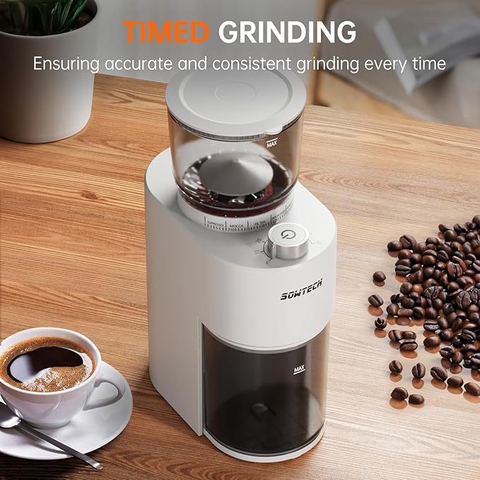SOWTECH Conical Burr Coffee Grinder, Adjustable Electric Mill, 38 Precise Grind Settings, Precision Timer, for Espresso, Drip and French Press, Home &Office, Beige