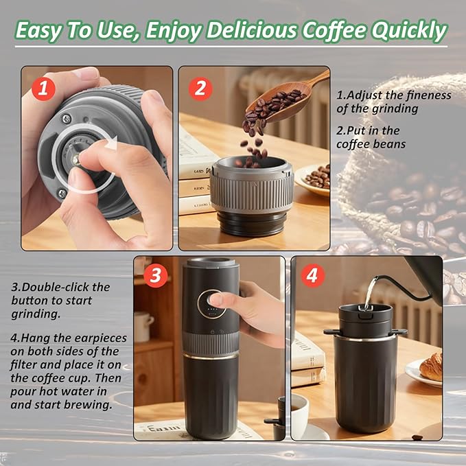 Portable All-in-one Electric Burr Coffee Grinder and Brewing Kit, Rechargeable with Conical Mill & Insulated Stainless Steel Cup, for Camping, Travel, Office, Home Use (Black)