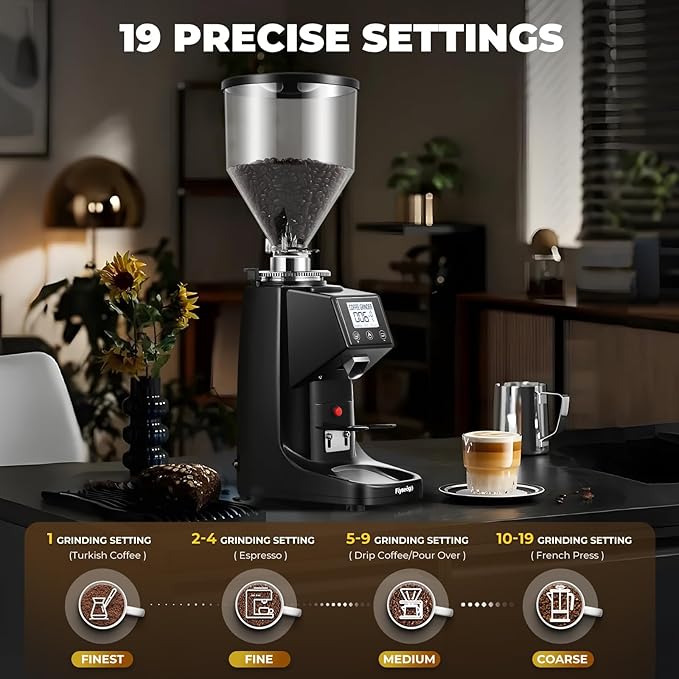 Commercial Coffee Grinder Electric - 64mm SS Flat Burr, Digital Touch Screen, 19 Adjustable Settings, 35oz Large Hopper, Black