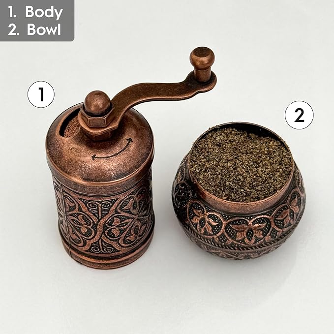 Handmade Decorative Black Pepper Grinder, Refillable Turkish Spice Mill Manual Pepper Mill with Handle, Spice Grinder Metal with Hand Crank 11 cm-4.3 inch