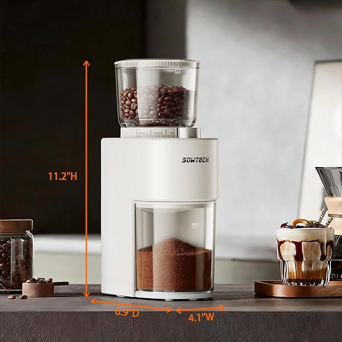SOWTECH Conical Burr Coffee Grinder, Adjustable Electric Mill, 38 Precise Grind Settings, Precision Timer, for Espresso, Drip and French Press, Home &Office, Beige