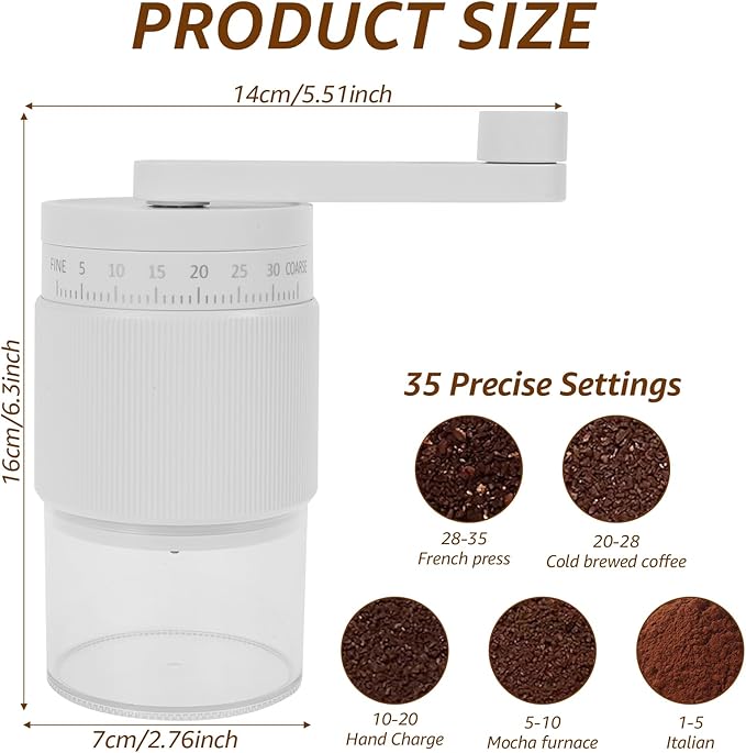Manual Coffee Grinder, Adjustable Coarse to Fine, Portable Hand Crank Coffee Bean Mill with 35 Adjustable Settings for Espresso French Office Home Camping(white)