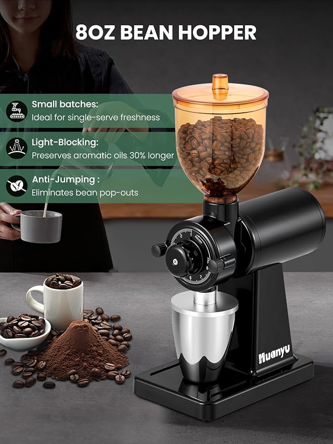 Huanyu Coffee Grinder Electric with Closed Grinding System - 8 Adjustable Settings, Flat Burr Coffee Grinders Anti-Static Design for Dust-Free Home Use