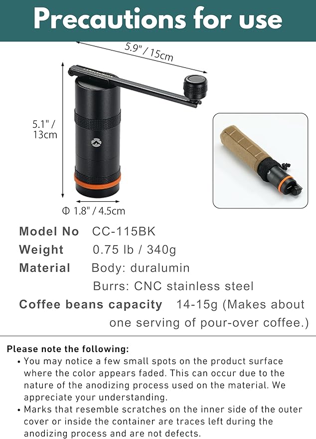 CAMPINGMOON Portable Manual Coffee Grinder, Stainless Steel Burr, Foldable Handle, Hand Grinder for Camping & Travel CC-115,CC-152 (Black, S (14-15g))