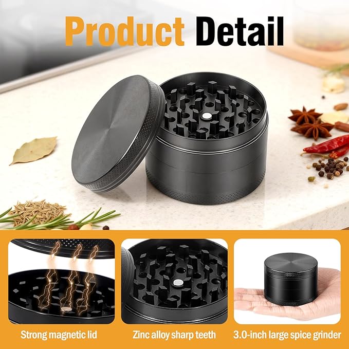 Manual Grinder, 2.5 Inch Durable Zinc Alloy Metal Grinder with Sharp Teeth, Compact Heavy Duty Hand Grinder (Black)