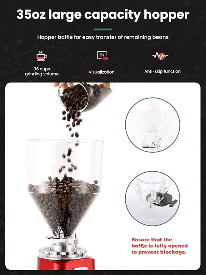Huanyu Coffee Grinder Electric Adjustable Flat Burr Mill with 19 Precise Grind Setting 35OZ 36Cups Coffee Bean Grinding Machine Upgrade Automatic Point-action for Espresso French Press Red