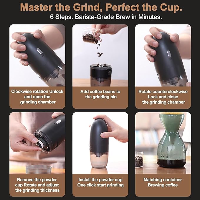 Electric Coffee Grinder, Conical Burr, Adjustable Grind Settings | Portable USB-C Rechargeable, for Espresso, French Press, Cold Brew, Travel & Home, Black