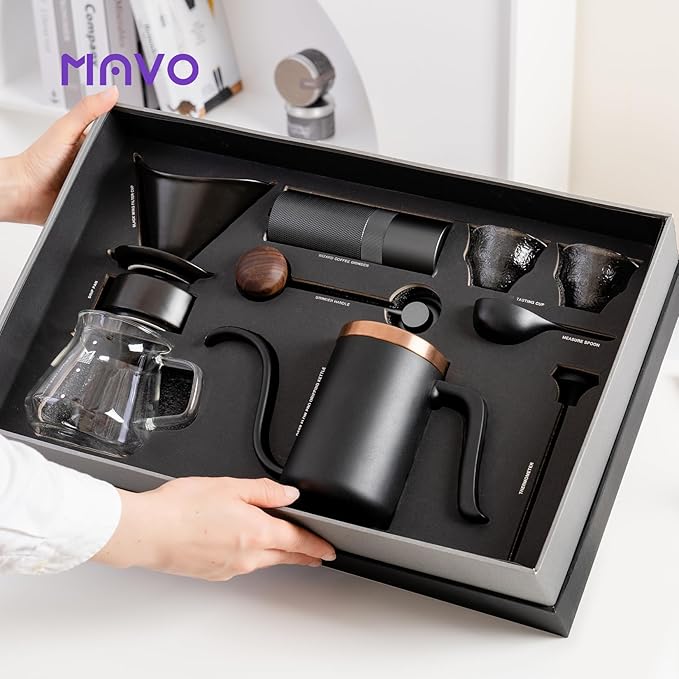 MAVO Pour Over Coffee Maker Set, 12 in 1 Set Box, Manual Coffee Grinder, Pour Over Kettle, Glass Servers, Coffee Cup, Ceramic Pour Over Coffee Dripper with Tray, Paper Filter, Black