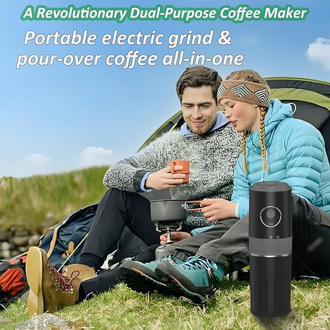 Portable All-in-one Electric Burr Coffee Grinder and Brewing Kit, Rechargeable with Conical Mill & Insulated Stainless Steel Cup, for Camping, Travel, Office, Home Use (Black)