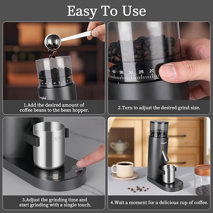 Mongdio Electric Burr Coffee Grinder, Single Dose Burr Coffee Grinder, With 60-Step Grind Settings and 2600mAh Battery, For Drip, French Press, Espresso Moka Pots, Black