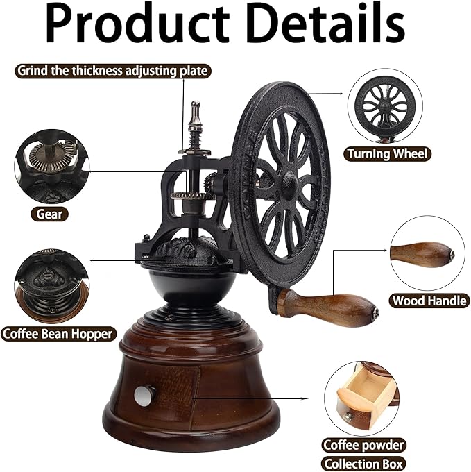 Vintage Manual Coffee Grinder, Cast Iron and Wood Construction, Adjustable Burr Mill with Collection Box, Black and Brown, 10.63x5.75 Inch