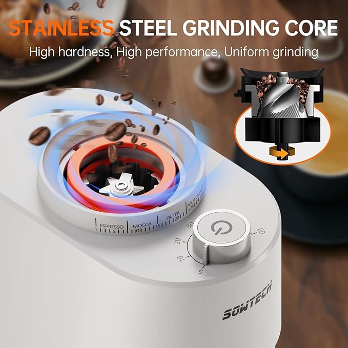 SOWTECH Conical Burr Coffee Grinder, Adjustable Burr Mill with 38 Precise Grind Setting, precision timer, for Espresso/Drip/Pour Over/Cold Brew/French Press Coffee Maker(Beige)