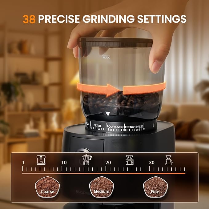 Coffee Grinder, Electric Burr Coffee Grinder with Conical Burr, Coffee Bean Grinder Electric with 38 Grind Settings for Espresso & French Press, Black