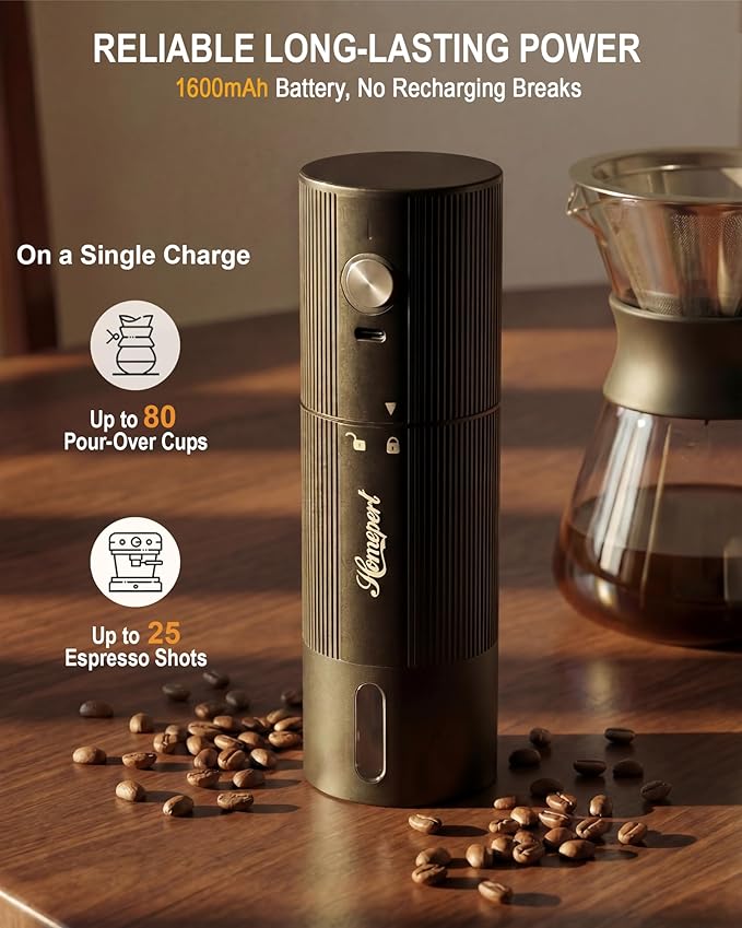 High-Speed Portable Electric Coffee Grinder with 1600mAh Rechargeable Battery, 7-Core Stainless Steel Burr Coffee Mill, 45 Precision Settings, Cordless Design & Compact Aluminum Body for Travel