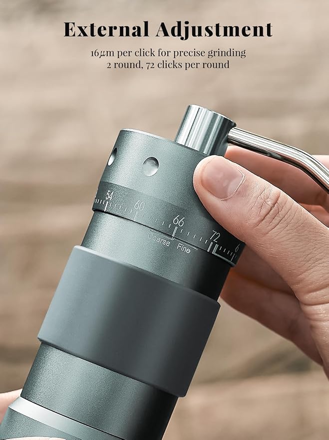 Manual Coffee Grinder with 16μm External Adjustment, Precision Espresso & Pour Over Grinder, CNC Stainless Steel Conical Burr, Drill-Compatible Aluminum Body, Portable Coffee Grinder, Grey