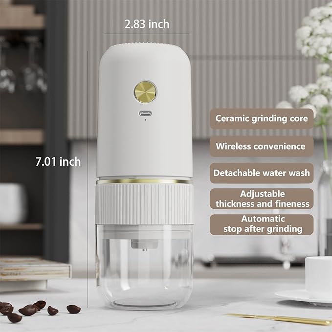 Electric Coffee Grinder Rechargeable Mini Coffee Grinder Adjustable Coarse to Fine for Coffee Beans, Spices, Herbs, Portable for Travel, Camping (white)