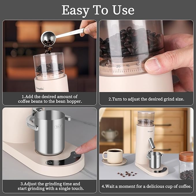 Mongdio Electric Burr Coffee Grinder, Single Dose Burr Coffee Grinder, With 60-Step Grind Settings and 2600mAh Battery, For Drip, French Press, Espresso Moka Pots, White