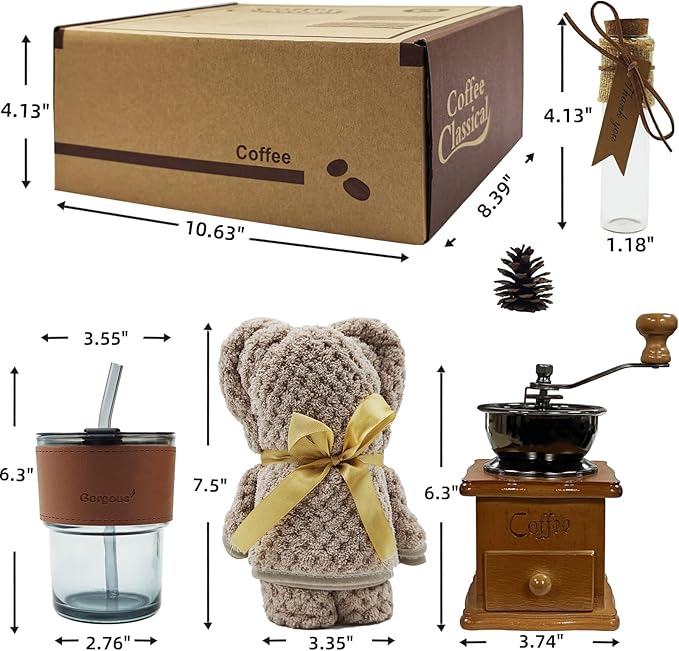 Coffee Gift Basket, Birthday Gifts for Women, Vintage Decorations with Manual Bean Grinder, Coffee Lover Gifts Set, Ideal Gift for Her, Him, Friends (Brown)