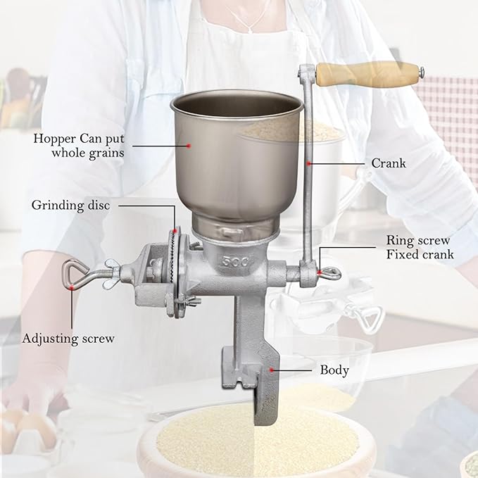High Hopper Manual Coffee Grinder Grain Mill, Hand Crank Mill for Corn, Barley, Wheat, Beans, Spices, Adjustable Coarseness Settings, Hand Grinder with Large Hopper, Molino Para Moler Maiz, Silver