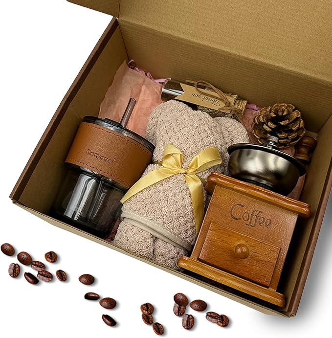 Coffee Gift Basket, Birthday Gifts for Women, Vintage Decorations with Manual Bean Grinder, Coffee Lover Gifts Set, Ideal Gift for Her, Him, Friends (Brown)