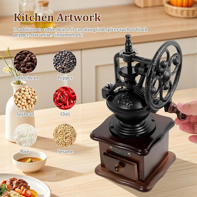 Manual Coffee Grinder, Mini Hand Coffee Grinder, Ceramic Burr Coffee Bean Mill with Hand Crank for Home Use, Travel, Camping, Pour Over, etc, 5 Adjustable Settings, Vintage Wooden Coffee Decor
